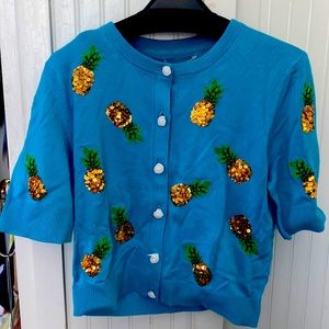 Alice + Olivia Cropped Cotton Marine Blue Pineapple  Cardigan.  Medium.